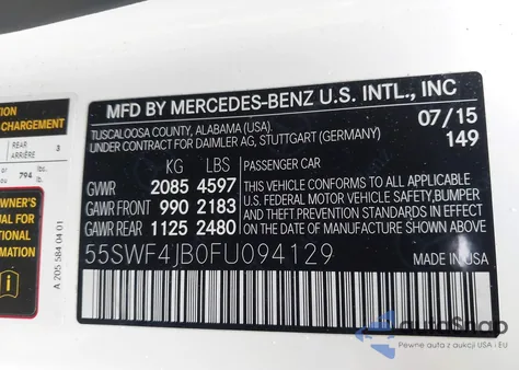 2015 Mercedes-Benz C 300 Sport из США, поврежденный, VIN 55SWF4JB0FU094129